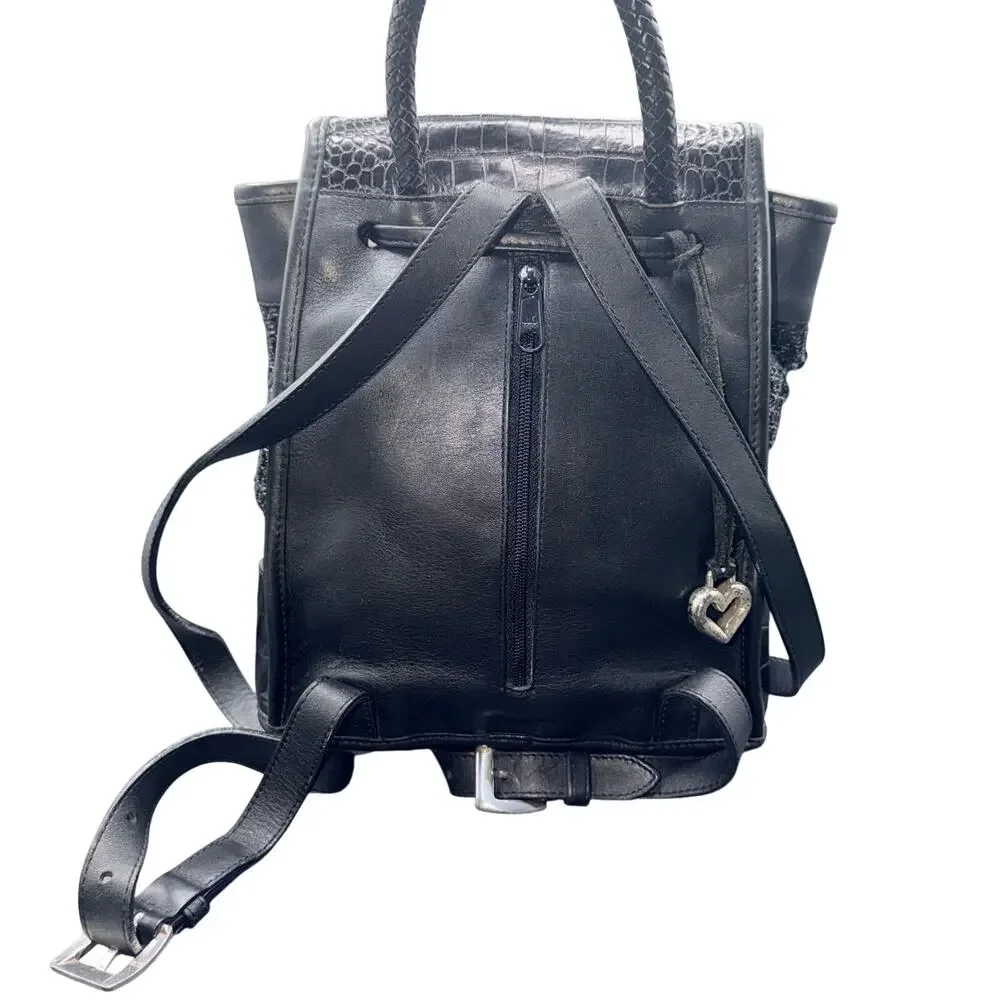 Brighton Black Leather Tweed Croc Embossed Backpack Purse Heart Charm Drawstring